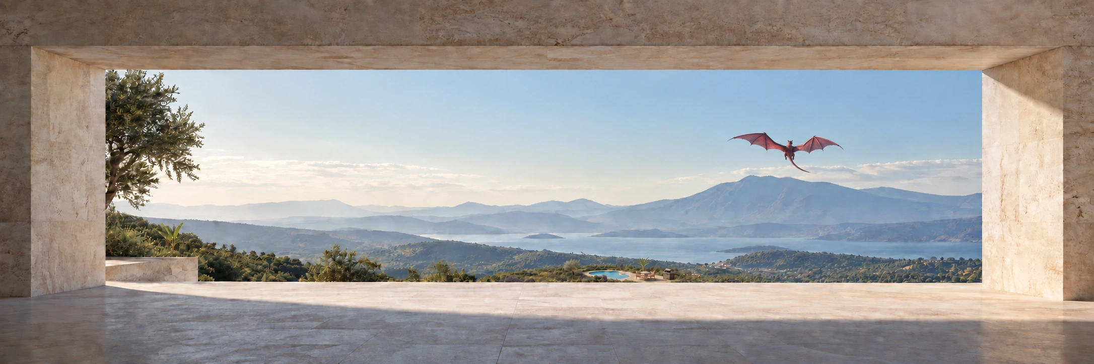 A limestone balcony framing a private garden and distant mountains, with a red dragon flying toward the horizon.