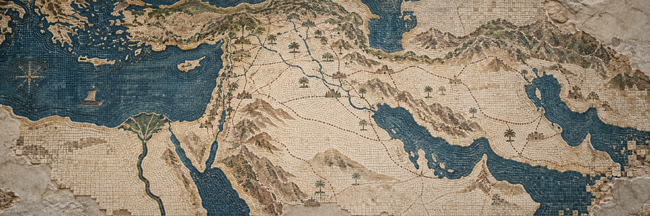 A stone mosaic depicting the landscapes and connections of the Levant and the Gulf.